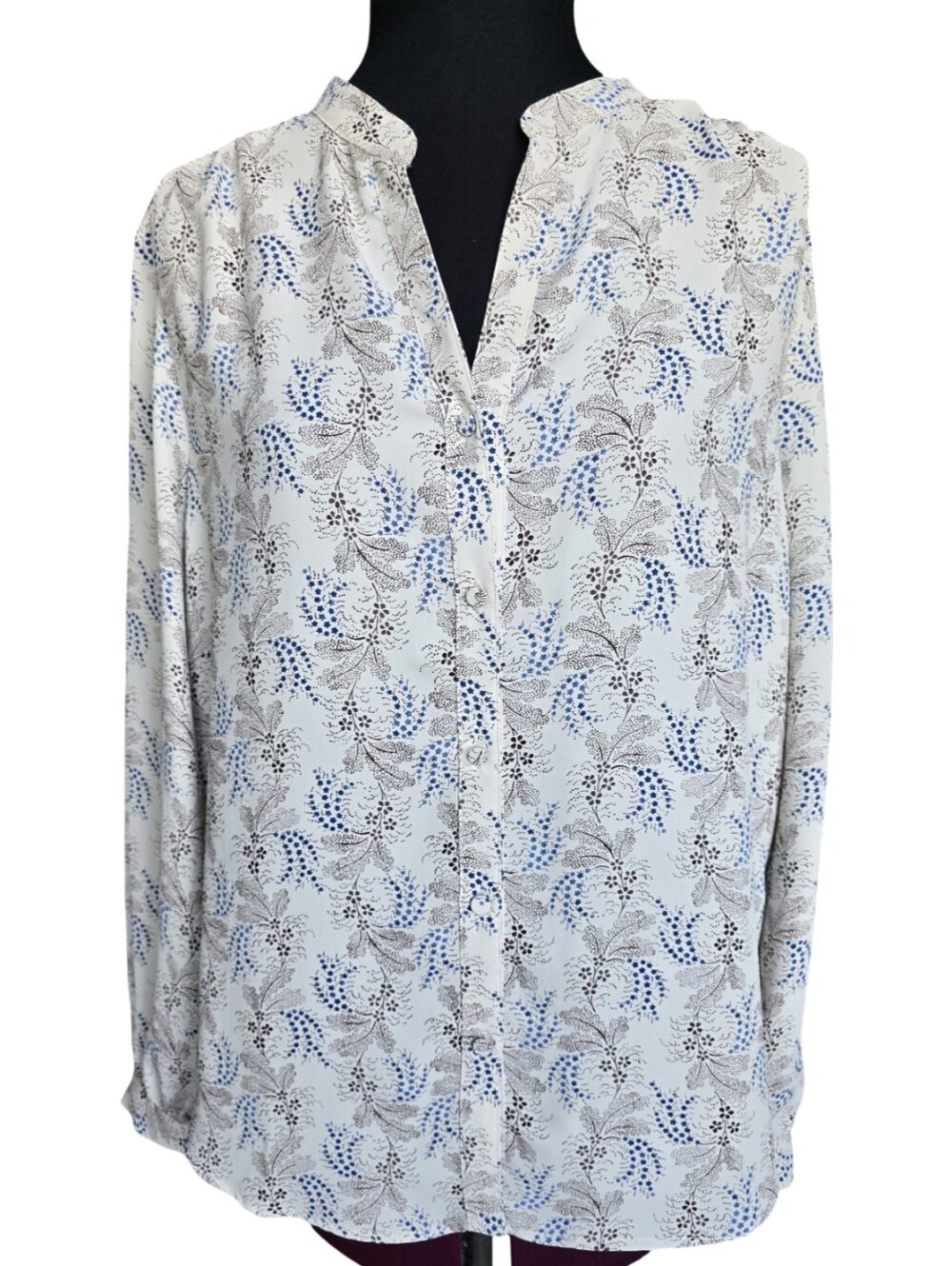 Ann Taylor Floral V-Neck Blouse Long Sleeve Cream Blue Size LP Work Career